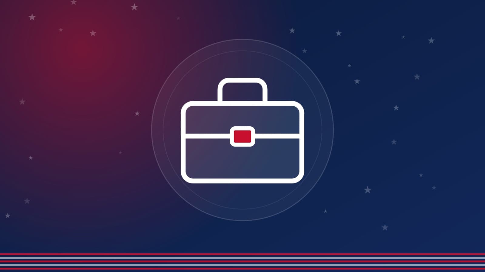 Capa em azul-marinho, com listras e estrelas da bandeira dos EUA e uma maleta ao centro