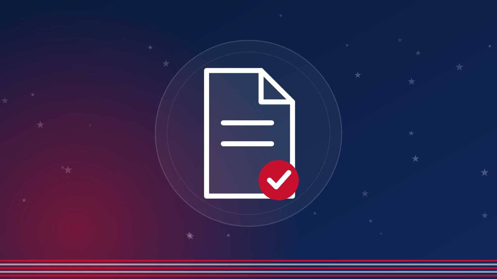 Capa em azul-marinho, com listras e estrelas da bandeira dos EUA e um documento com lista ao centro