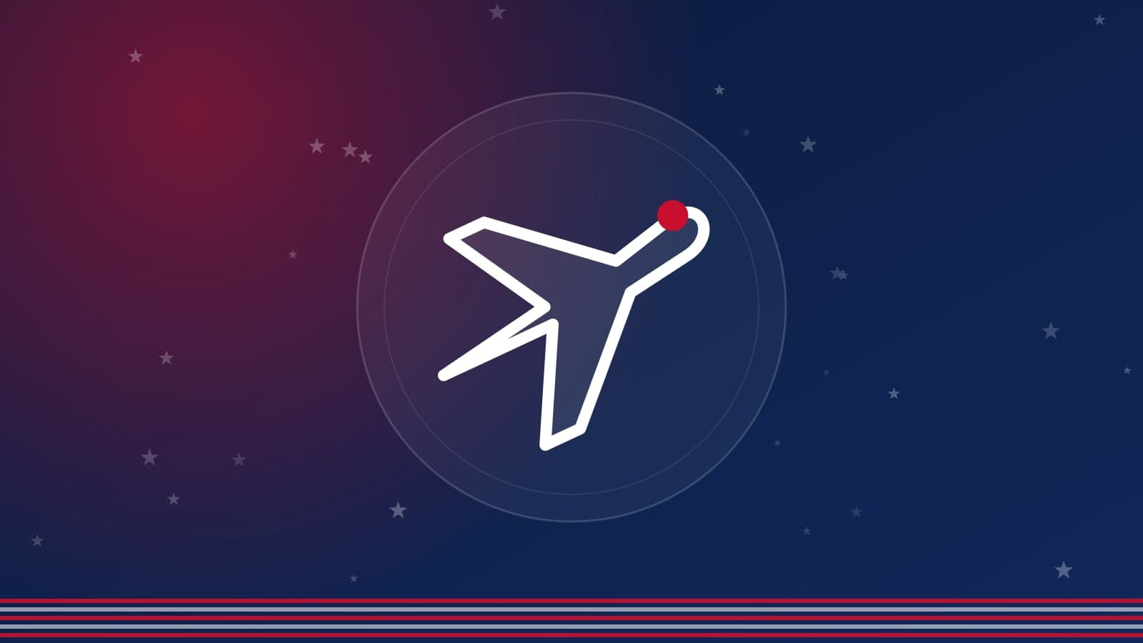 Capa em azul-marinho, com listras e estrelas da bandeira dos EUA e um avião ao centro